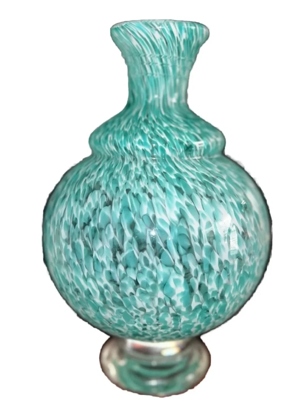 Vintage Pier 1 Art Glass Vase - Turquoise & White Swirl Confetti Spatter 10”